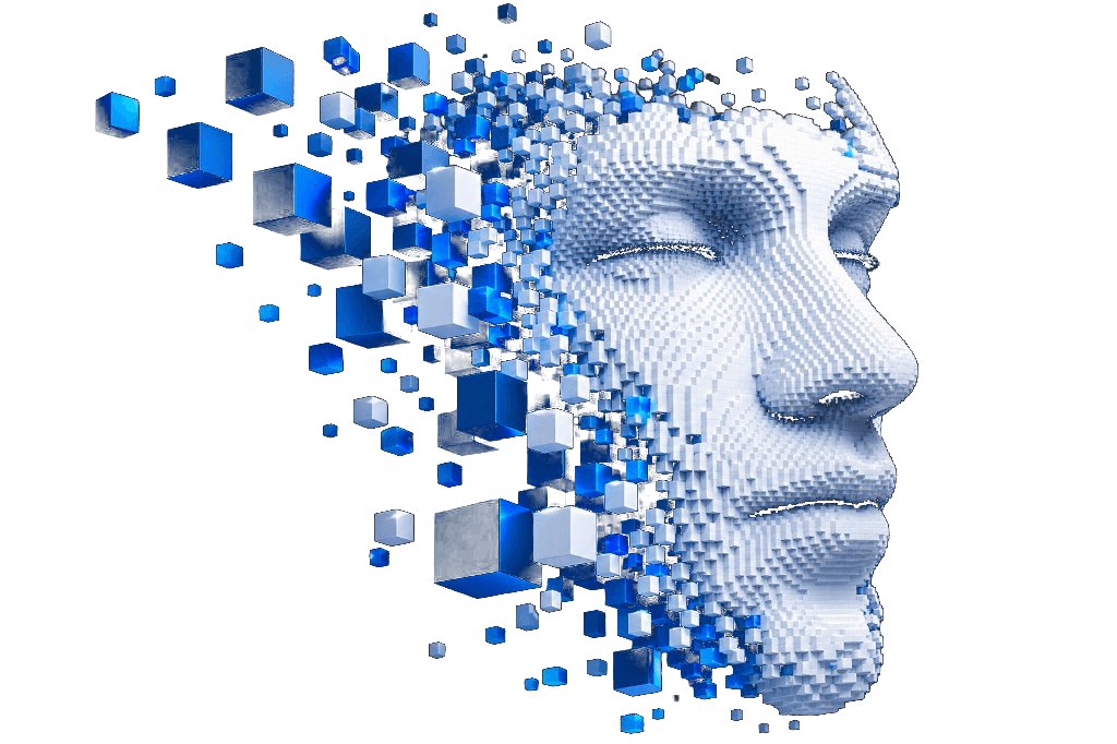 Voxel-style human face assembling from blue and white digital cubes against a dark background