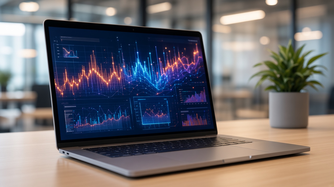Laptop displaying analytics dashboards and data visualisations