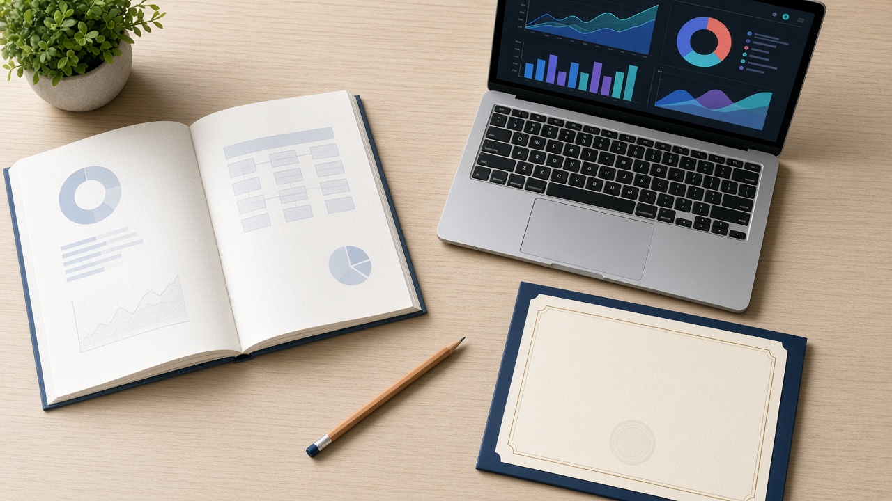 Training desk with notebook, certificate folder and analytics laptop